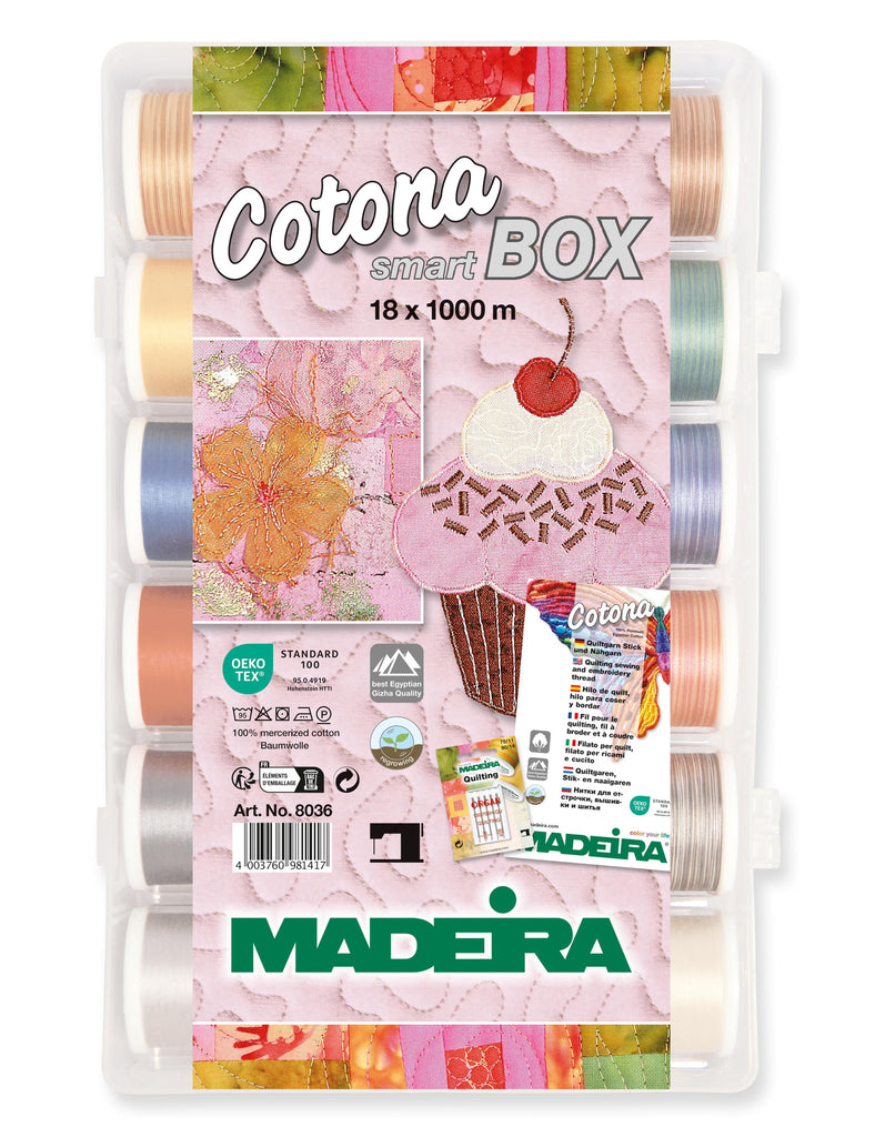 Cotona 50 – 1100-yard (1000m) Assortment Box, 12 Solid Colors, 6 Variegated Colors Thread Assortment Boxes Madeira Quilting Thread