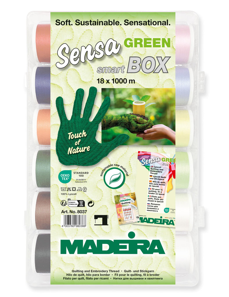 Sensa Green 40 – Assortment Box, 1100-yard (1000m) Spools, 18 Colors Thread Assortment Boxes Madeira Quilting Thread