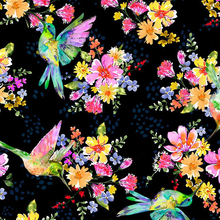 A Hummingbird's Charm Pretty Pollinators Black 54323W-2 - 108" Wide 3 YARD Fabrics Windham Fabrics   
