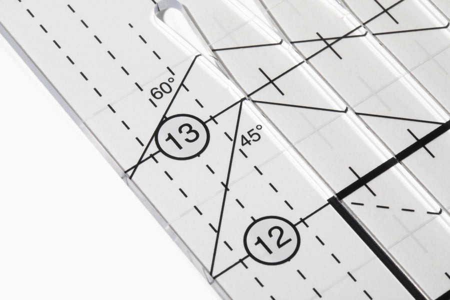 Close-up of a Stripology ruler's cutting slits and its 45- and 60-degree lines