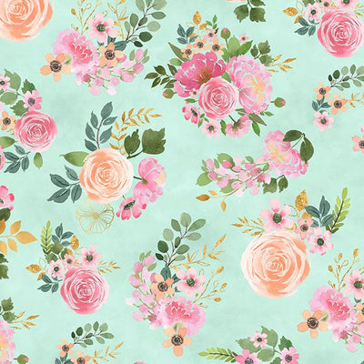 Peony Blossoms Bouquet Toss Teal