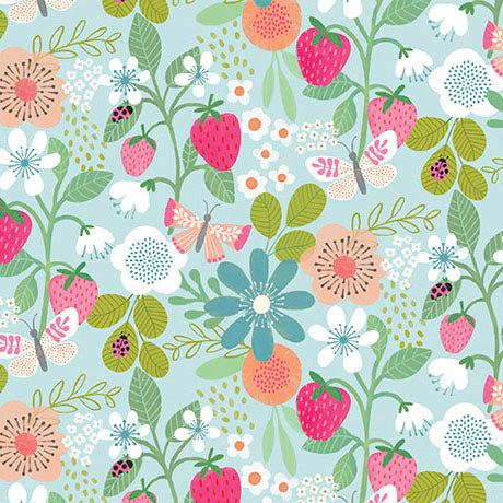 Sweet Summer Flowers and Strawberries Aqua 31392-Q Fabrics QT Fabrics